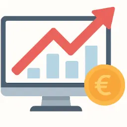 Suivi en temps réel des collectes de dons et croissance du soutien financier. Illustration numérique : Écran d'ordinateur montrant un graphique à barres avec une flèche rouge montante symbolisant la croissance, à côté d'une pièce de monnaie avec le symbole de l'Euro (€).