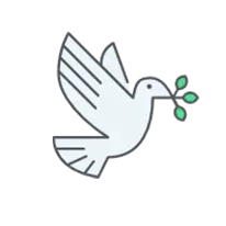 Symbole d'aide humanitaire, de paix et de soutien aux associations caritatives. Icône stylisée d'une colombe de la paix blanche et grise en vol, tenant un rameau d'olivier vert dans son bec.