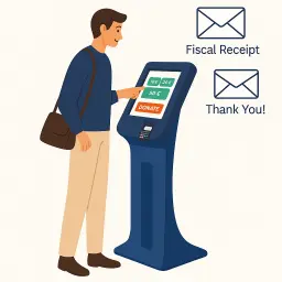 Facilité du don sur la borne DonaTouch : rapide et avec l'option de reçu fiscal envoyé par email. Illustration d'un homme utilisant une borne de dons bleue, avec des enveloppes indiquant "Reçu Fiscal" et "Merci !" (ou "Fiscal Receipt" et "Thank You !" si l'image est utilisée comme source).