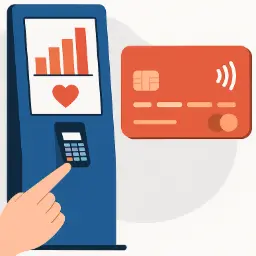 Paiement par carte bancaire ou sans contact sur la borne DonaTouch : simple, rapide et sécurisé. Illustration d'une main utilisant une carte bancaire rouge (avec fonction sans contact) pour effectuer un paiement sur un terminal intégré à une borne bleue. L'écran de la borne montre un graphique de progression et un cœur.