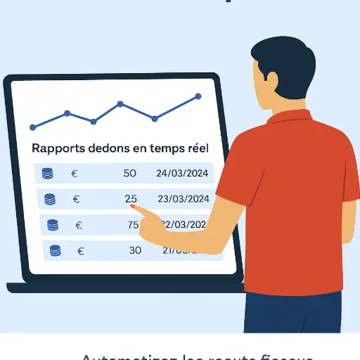 Tableau de bord de suivi des dons : Accédez à vos rapports de transactions et à l'analyse de vos collectes en temps réel.  (Accessibilité)	Illustration d'un utilisateur consultant un tableau de bord sur ordinateur portable, affichant une courbe de croissance et un historique de transactions de dons avec les dates et montants en euros (Rapports de dons en temps réel).