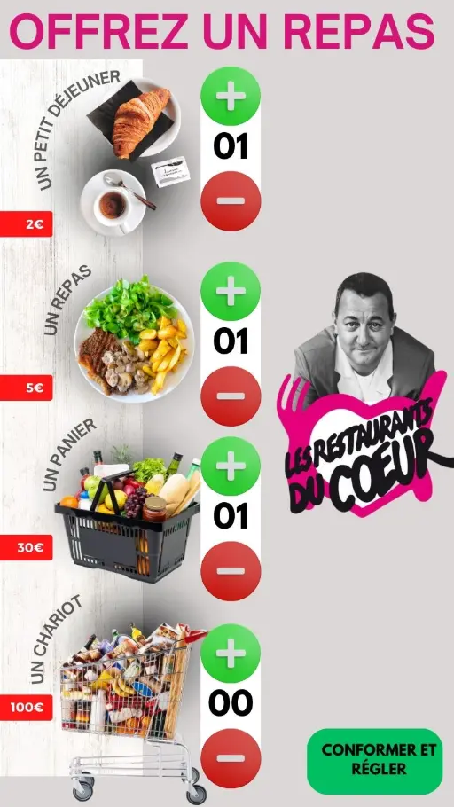 Interface de don DonaTouch pour Les Restaurants du Cœur : permet l'achat ciblé d'articles essentiels pour les bénéficiaires.  Exporter vers Sheets Écran de campagne de don pour Les Restaurants du Cœur, proposant l'achat de Petit déjeuner (2 €), Repas (5 €), Panier (30 €) et Chariot (100 €) avec sélecteur de quantité.