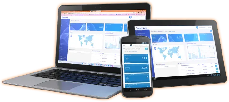 Accès multi-plateforme au tableau de bord DonaTouch : suivez et analysez en temps réel vos collectes de dons (transactions, localisation, montants) sur PC, tablette et mobile.  Exporter vers Sheets Écrans d'ordinateur portable, tablette et smartphone affichant le tableau de bord iTouchAm (ou DonaTouch), illustrant le suivi des statistiques de dons et l'analyse des données de collecte sur différentes plateformes.